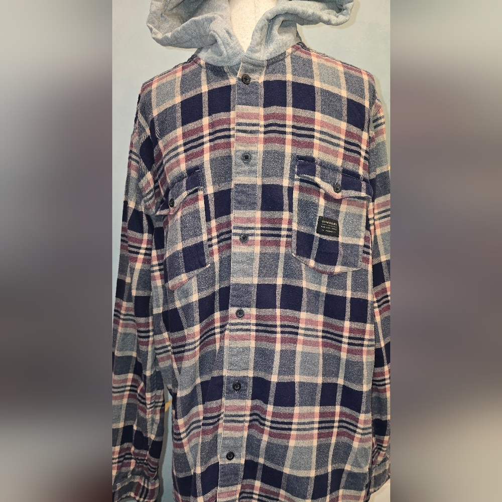 Quiksilver Hooded Plaid Flannel Shirt Jacket Hoodie 100% Cotton L Fellow Player